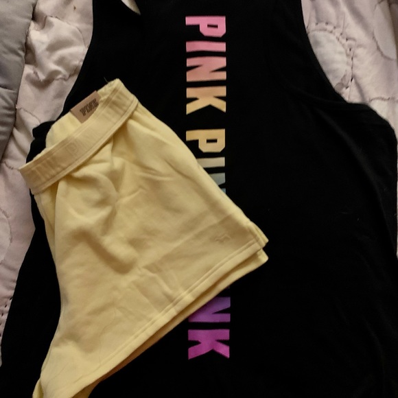 VS Pink SET Black Gradient Rainbow Tank & Matching Yellow Tulip 3” Shorts - Picture 3 of 6